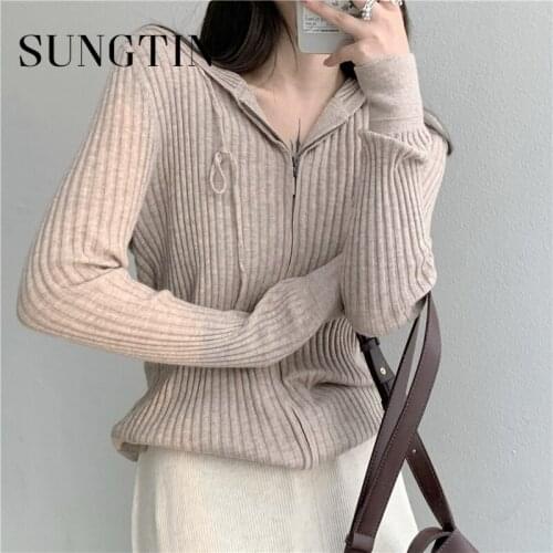 Sungtin Thin Soft Slim Hooded Cardigan Women Zipped Spring Korean Female Knit Sweater Cardigan Ribbed 2021 Sunwear Harajuku Chic