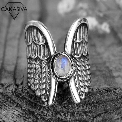 Angel Wings Vintage Moonstone Stone Thai Silver Ring Retro Marcasite Feather Ring