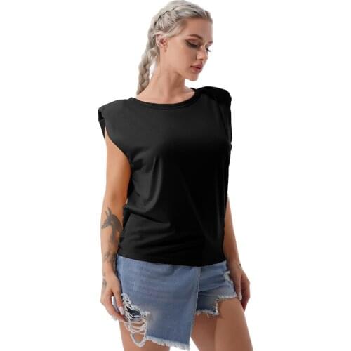Women Vintage Padded Shoulder T Shirts Tanks Tops New O Neck Vest Top Gentle Female Fashion Casual Loose Sports Joggong Clothing