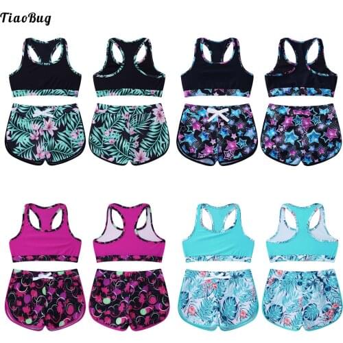 2Pcs Kids Girls Print Swimsuit Round Neck Sleeveless Racer Back Crop Tops And Shorts Set For Beach Pool Swimming Bathing