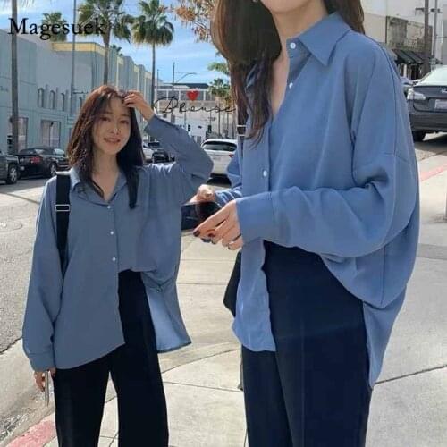 2020 Cardigan Autumn Vintage Plus Size Chiffon Blouse Women Korean Long Sleeve Women Shirts Blue Button Womens Blouse Tops 11398