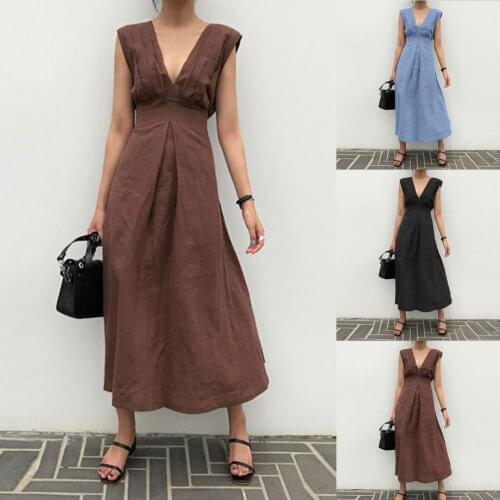 2021 Summer Womens Dress Solid Color V Neck Summer High Waist Sleeveless Beach Dresses Backless Sexy Vestidos for Daily Wear