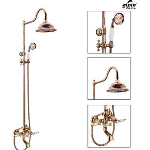 Classic Luxury PVD Rose Gold Plate Lifting Wall Mounted Bath Shower Set Antique Faucet Mixer Taps Rainfall Head Handheld Spray