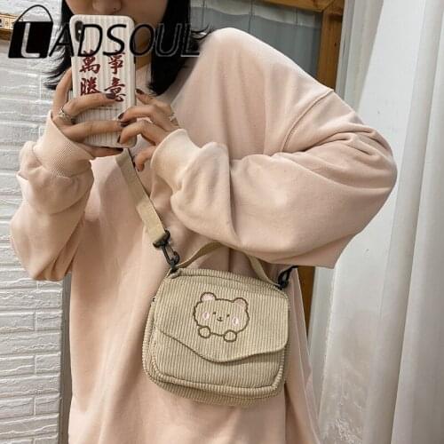 LADSOUL Korean Cute Embroidery Bear Canva Crossbody Bags Ins Student Small Square Bag Portable Mobile Phone Bags For Women Bolsa