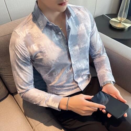 Plus Size 4XL-M Autumn Winter New Luxury Print Long Sleeve Shirts Men Clothing 2021 Simple Slim Fit Casual Club Tuxedo Dress Hot