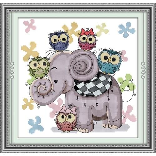 Elephant and owl cross stitch kit 18ct 14ct 11ct count printed canvas stitching embroidery DIY handmade needlework