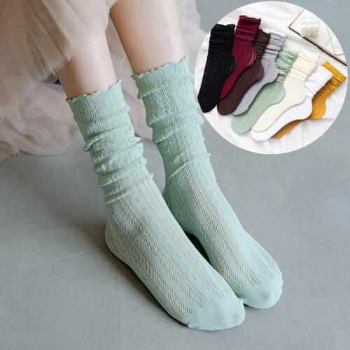 Summer Japanese Thin Hollow Womens Socks Fashion Fungus Lace Knit Cotton Comfortable Breathable Middle Tube Ladies Girls Sox