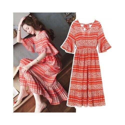 Breastfeeding Maternity Dress Fashion V-neck Floral Chiffon Bohemian Beach Dresses Mom Trumpet Sleeves Nursing Dress