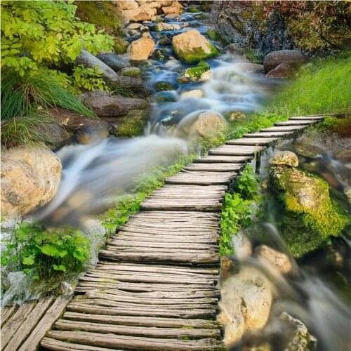 Beibehang Custom Photo Floor 3D Waterproof Wearable PVC Floor Painting Creek Wooden Bridge Naked Top Floor papel de parede