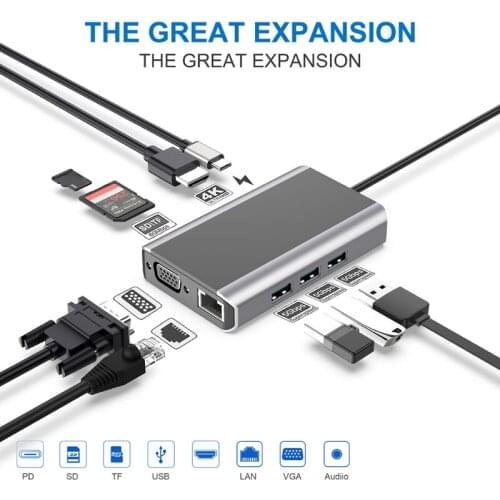 Multi-Ports Type C Hub 9 in 1 USB 3.0 VGA HDMI-Compatible Rj45 Lan SD TF Card H D 3.5mm Ports Dock for Laptop