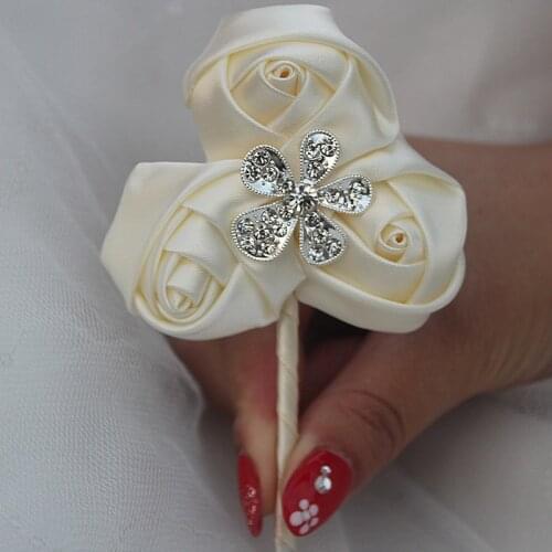 Handmade Ivory Rose Flower Diamond Groom Boutonniere Satin Buttonhole Wedding Party Prom Man Suit Corsage Pin XH32-H