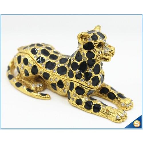 Handmade Enamel Animal Design wild jaguar Leopard Jeweled Trinket Box