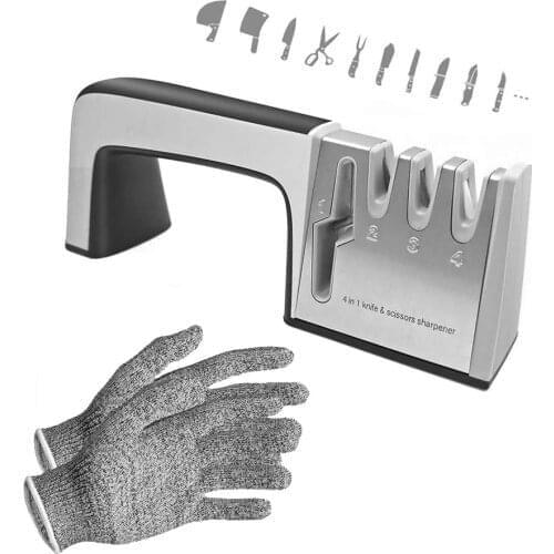 Knife and Scissor Sharpeners with Gloves 4 Stage 4-in-1 Manual Kitchen Knife Non-Slip Base Professional Blades Sharpening Tools