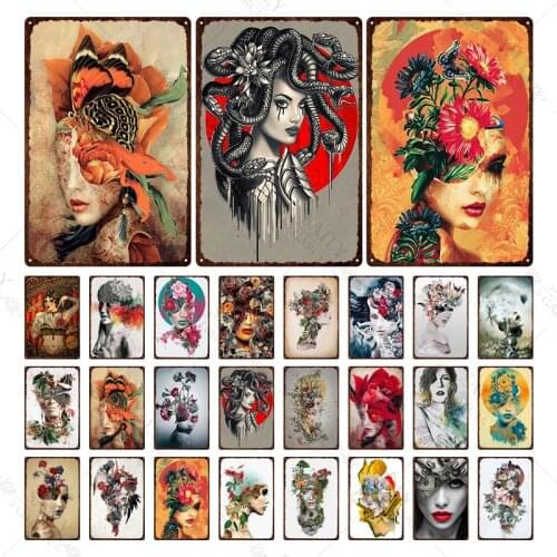 Vintage Fashion Girl Metal Tin Sign Decoration Metal Tin Plaque American Creative Tattoos Garage Wall Art Home Bar Decor Design