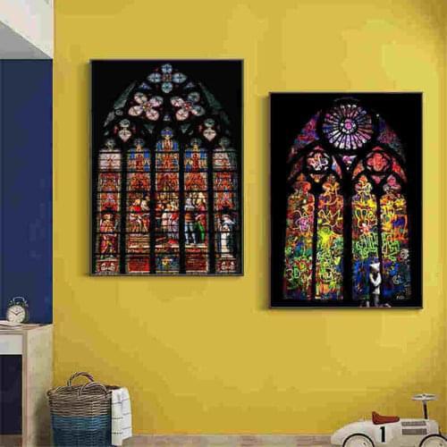 Stained Glass Boy Praying Church Canvas Paintings Street Graffiti Art Posters and Prints Wall Decorations For Home Wall Art