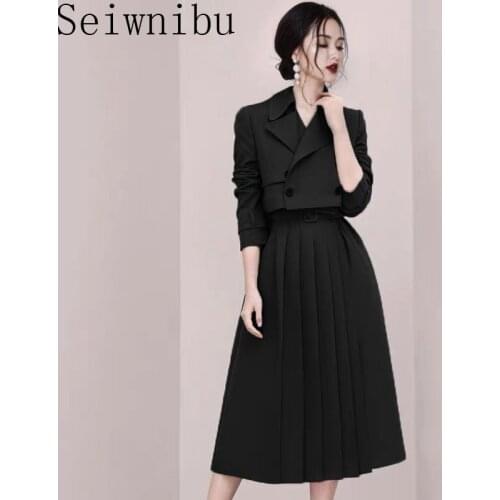 High Quality Autumn Korean OL Office 2 Piece Set Women Short Coat + Fashion Drawstring Pleated Skirt Ladies Temperament Suits
