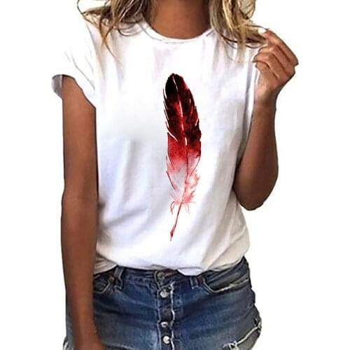 White Round Neck Ladies tshirt Short Sleeve Casual Tshirt Summer tee shirt women Feather Aesthetic T shirt fashion tshirt