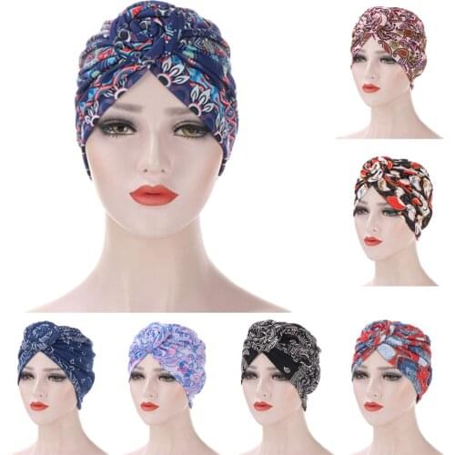 Women Indian Hat Printed Twist Knot Bonnet Hijab Cap Muslim Beanies Skullies Chemo Cancer Cap Hijabs Head Scarf Head Cover Wrap