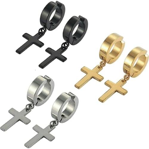 1 Piece Women Mens Stainless Steel Earrings Black/Silver Color Cross Gothic Punk Rock Style Pendientes Dropping Mujer Moda