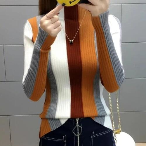 2021 New Autumn Winter Women Sweater Stripe Knitted Sweaters Soft Elastic Color Pullovers Full Sleeve Turtleneck Female Jumpers