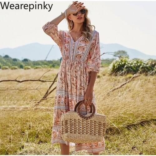 V Neck Bohemain Long Dress Summer 2021 High Waist 100% Cotton Dresses Floral Print Chic French Dress for Women Robe Vestido