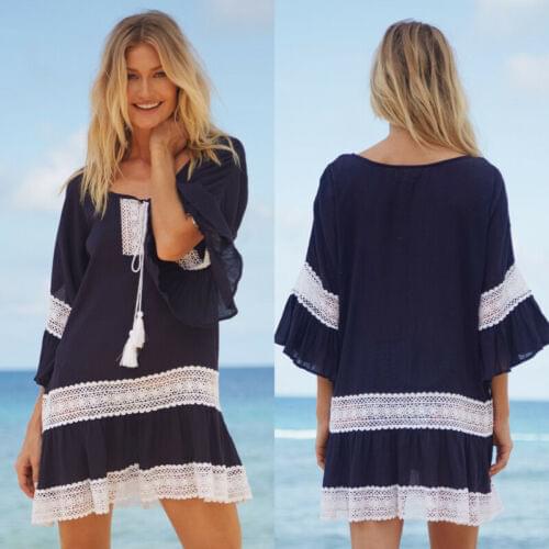 Women Lace Tassel Hollow Loose Dress Ladies Summer Beach Cover up Mini Dresses Female Cover-Up Tunic Woman Clothes