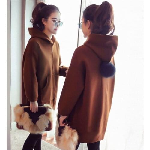 Women Mid-length Autumn Winter Korean Style Trendy Loose Dress Slim Fit All-match Hooded Pure Color Thickened Lady Casual Dress