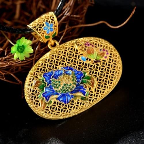 Retro Thai Silver Jewelry S925 Sterling Silver Cloisonne Hollow Peony Flower Women Pendant Silk Craft Factory