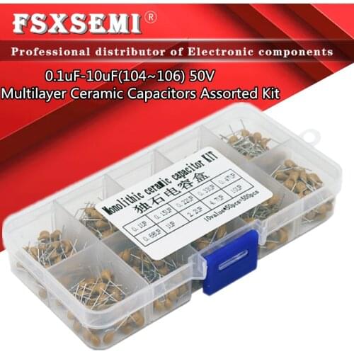 10Values*50pcs=500pcs MLCC 0.1uF-10uF(104~106) 50V Multilayer Ceramic Capacitors Assorted Kit Assortment Set with Storage Box