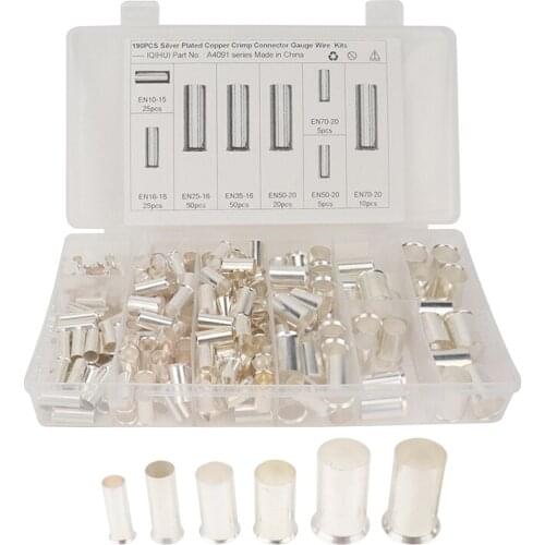 190 Pcs (AWG 8 6 4 2 1 2/0) 2/0-8 Gauge Wire Ferrules Kits Plated Copper Crimp Connector Ferrules Pin Cord End