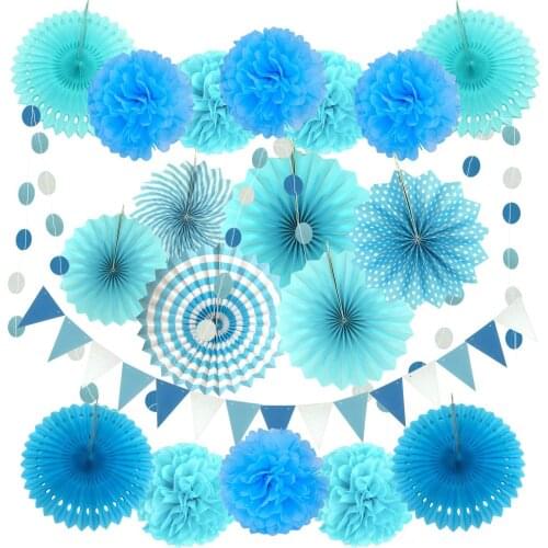 21Pcs Blue paper fans, paper pompom decoration kit, paper flower ball wedding Girl baptism birthday party celebration Decoration