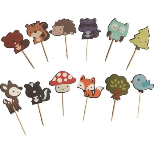24pcs Forest Little Animals Cake Toppers Jungle Animal Cupcake Toppers for Kids Birthday Party Decorations Dessert Supplies