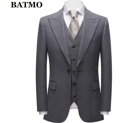 BATMO 2021 new arrival high quality plaid casual grey suits men,male wedding dress,plus-size 3663