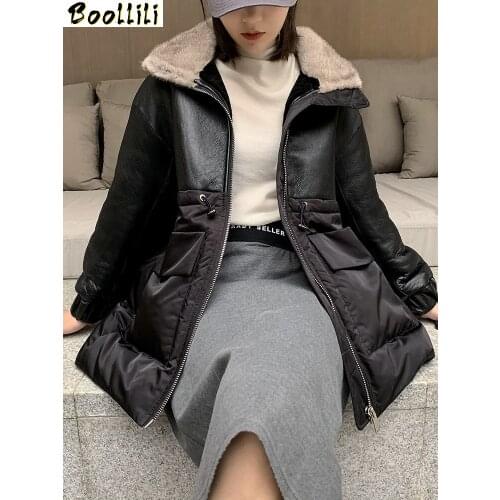 Boollili Real Leather Jacket Sheepskin Coat Women Mink Fur Collar Genuine Leather Duck Down Coat Winter Coat Women
