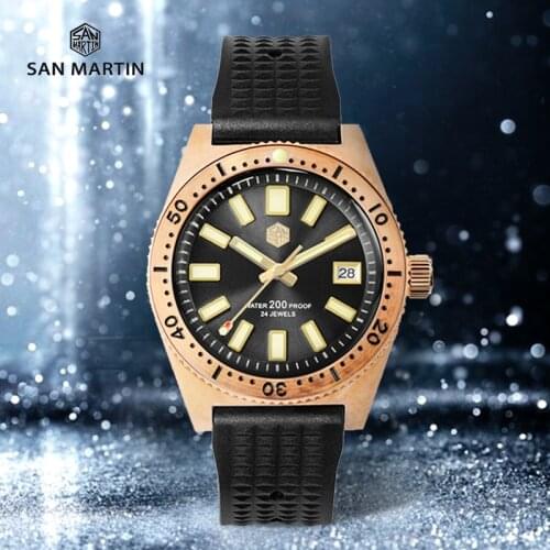 San Martin Bronze Dive Watch 62Mas CuSn8 200M NH35 Automatic Watch Sapphire Rubber Date Luminous Men Mechanical Watches