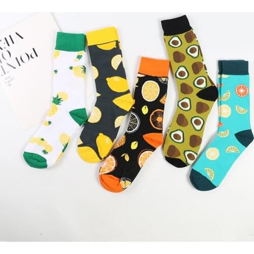 DONG AI 5 Pairs Men Socks Funny Cute Cartoon Fruits Banana Avocado Lemon Happy Combed Cotton Novelty Harajuku skateboard Socks