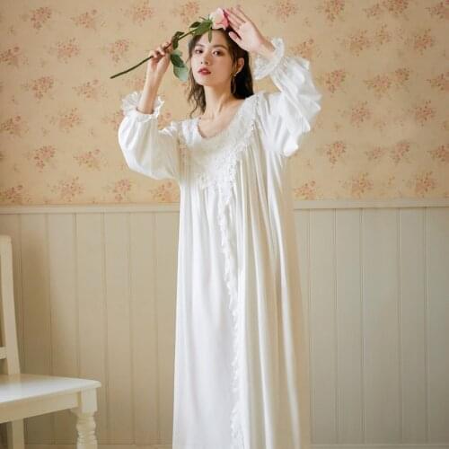 MeetLife Elegant Sleepwear Cotton Vintage Victorian Princess Nightgown Women Long Sleeve Ruffle Lace Embroidery Nightdress 229