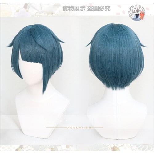 Genshin Impact Xingqiu Cosplay Wig 30cm Short Grey Blue Heat Resistant Synthetic Hair Anime Cosplay Wigs + Wig Cap