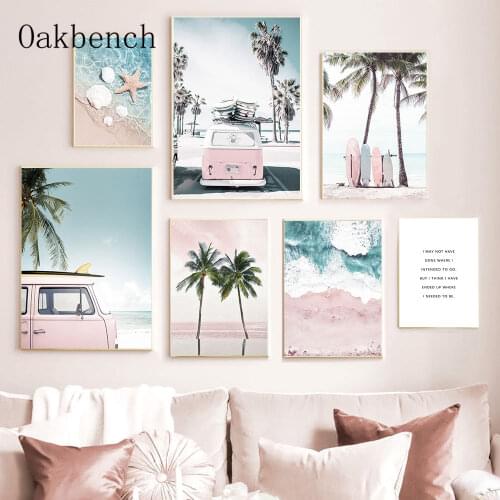 Pink Beach Landscape Posters Palm Tree Canvas Painting Travel Car Art Print Sea Shell Paintings Nordic Wall Pictures Home Decor