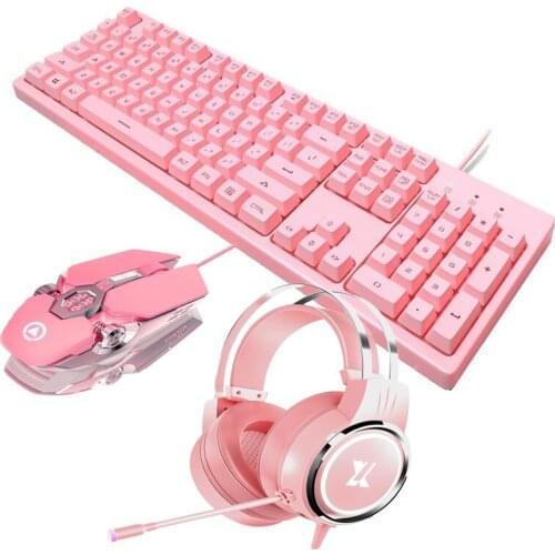 Pink Keyboard and Mouse Set 104 Keys Layout LED Backlit Keyboard 2400DPI RGB Backlit Mouse Microphone with Microphone for PC