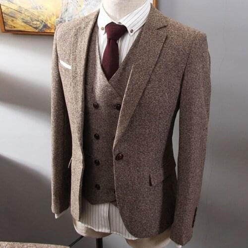 Brown Herringbone Tweed Suit Men Business Dress 3-pieceKorean Slim Fit Groom Wedding Party Suits Tuxedo 6XL Traje Novio 2020
