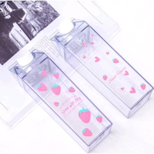 Creative Cute Water Bottle Plastic Clear Milk Carton Fashion Strawberry Transparent Milk Box Juice Water Cup For Girls BPA Free