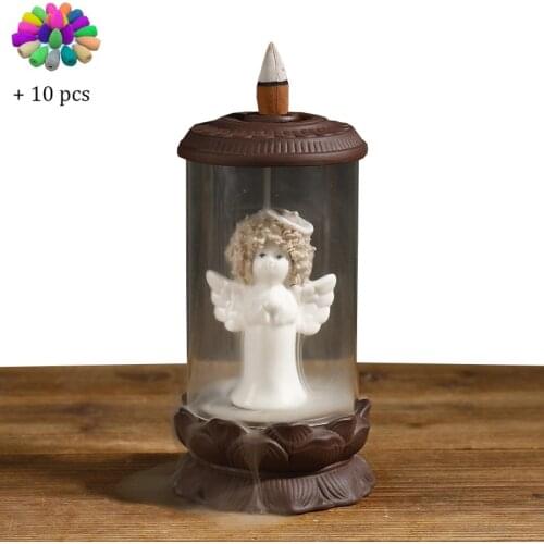 Furniture Beautiful Angel Backflow Incense Burner Ceramic with Windshield for Home Decor Living Room Cone Incense Base