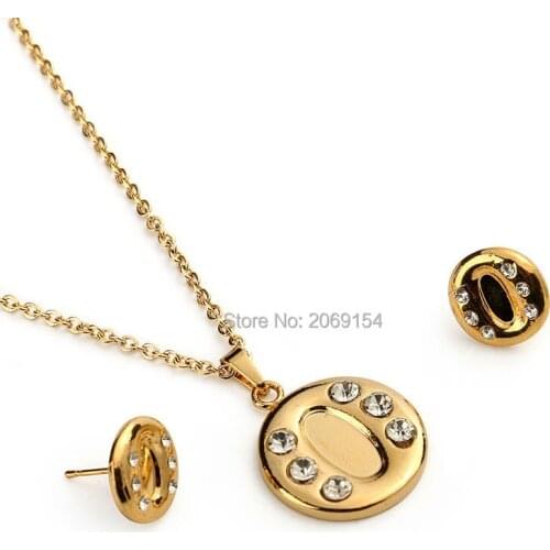 Fashion Jewelry Set Women Charm Letters Pendant With Crystal Stainless Steel Gold Long Chain Necklace Trendy Earring Party