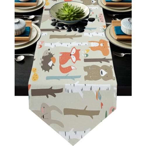 Cartoon Forest Animal Tree Fox Bear Rabbit Table Runner Country Wedding Decor Tablecloth Placemat Dinning Table Art Table Runner