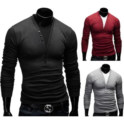 SWAGWHAT Summer New Men Long-sleeved T-shirt V-neck Casual Fake Two-piece T Shirt Fashion British Style Male Slim Fit Solid Tees