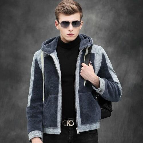 Real Fur Coat Men Autumn Winter Sheep Shearing Wool Coats Denim Jacket Hooded Fashions Mens Fur Jackets WB19055 KJ3124
