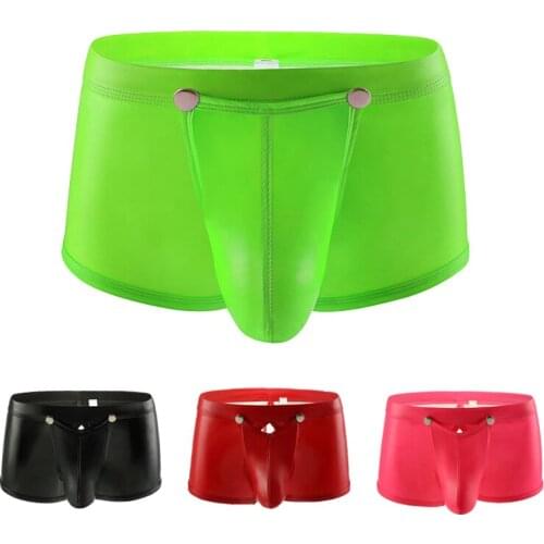 Mens sexy boxer shorts imitation leather briefs patent leather nightclub bright leather low-rise open pockets separated exposed