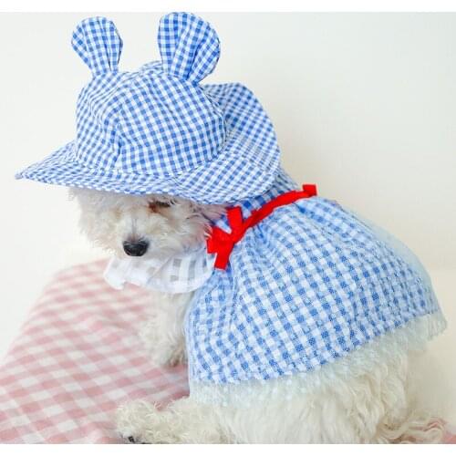 New Pet Clothes Dog Skirt Collocation Cute Hat Spring and Summer High Quality Polyester Princess Blue Lattice Ribbon Gauze Skirt