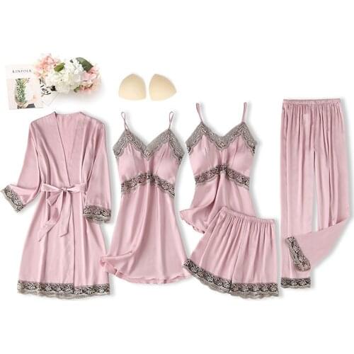 Sexy Satin Kimono Bathrobe Gown Patchwork Hollow Out Lace Wedding Robe Pajamas SET Women Sleepwear Suit Summer Home Wear